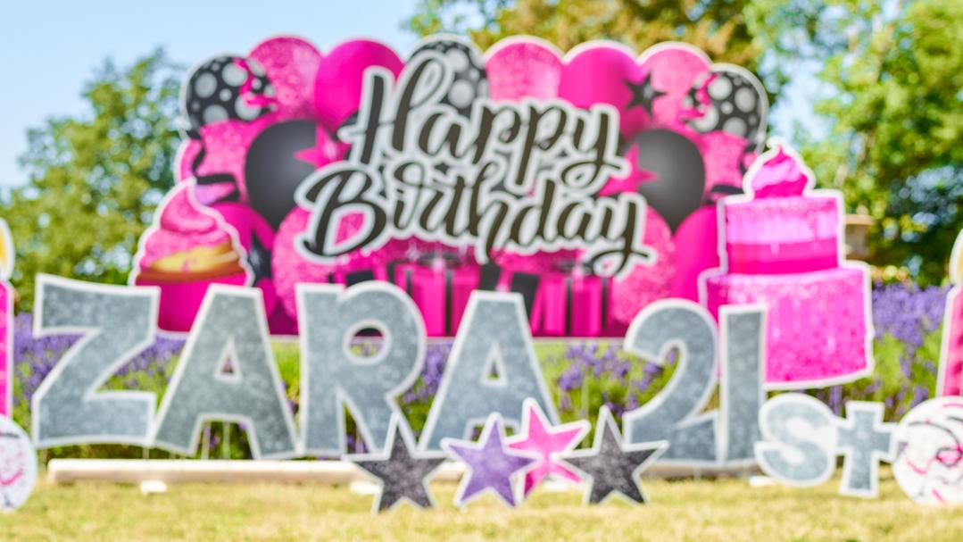 Happy Birthday backdrop in pink with the name Zara and 21st in silver glitter