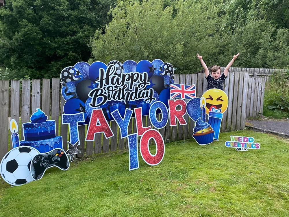 Happy 10th Birthday Taylor in a garden with balloons