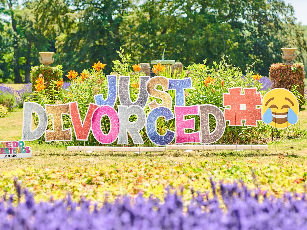 Just Divorced in glitter letters with a laughing emoji