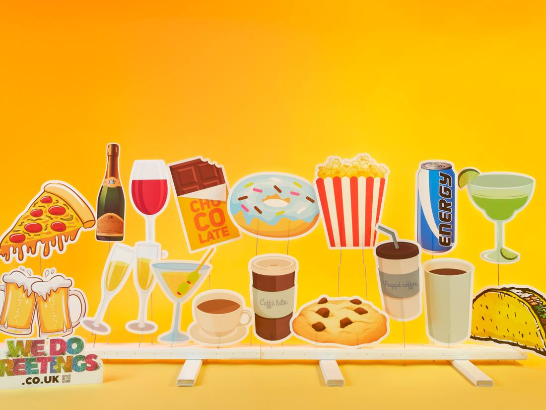 Food and drink theme: pizza, champagne, popcorn, coffee and cocktails