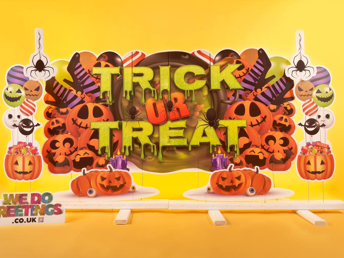 Trick or Treat Halloween backdrop with pumpkins and spiders