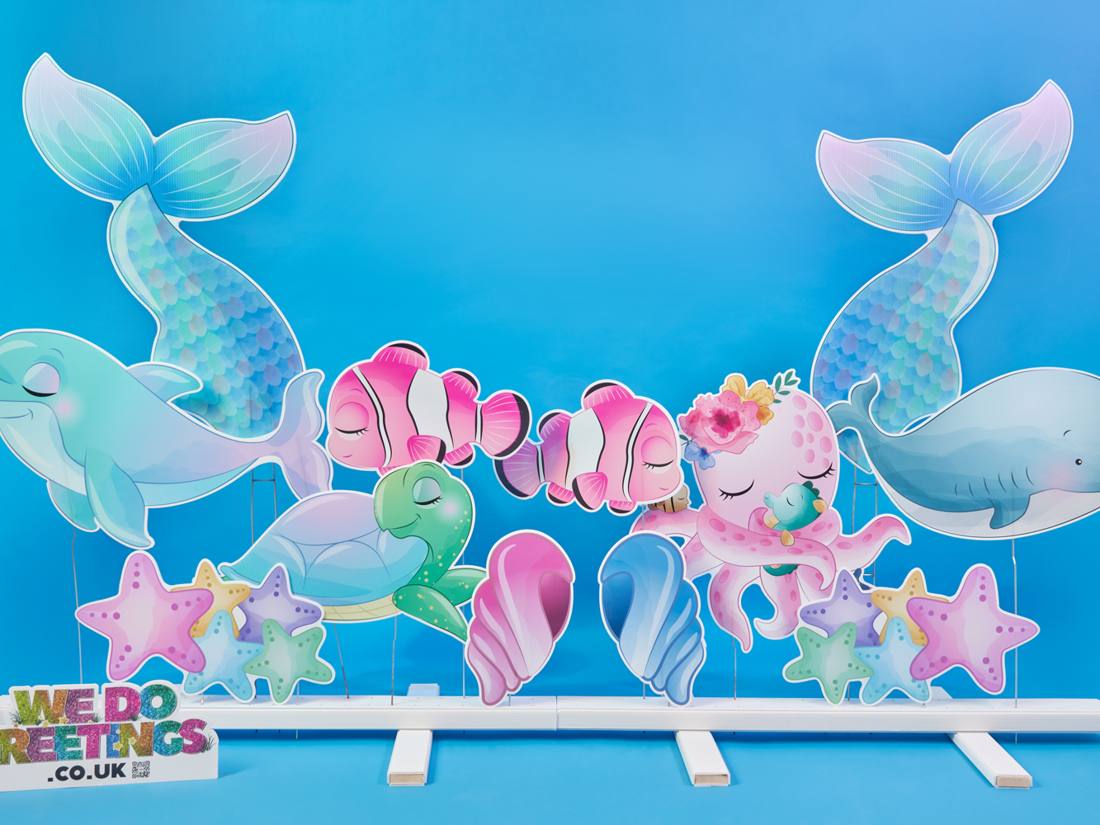 Ocean theme: dolphin, turtle, clownfish, mermaid tails and starfish